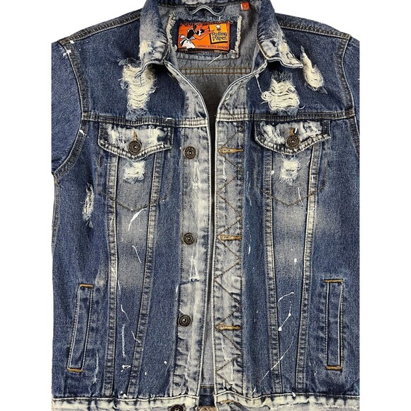 Rolling Paper Denim Jean Jacket  Unisex Size S  Distressed Paint Splatter - Picture 3 of 10